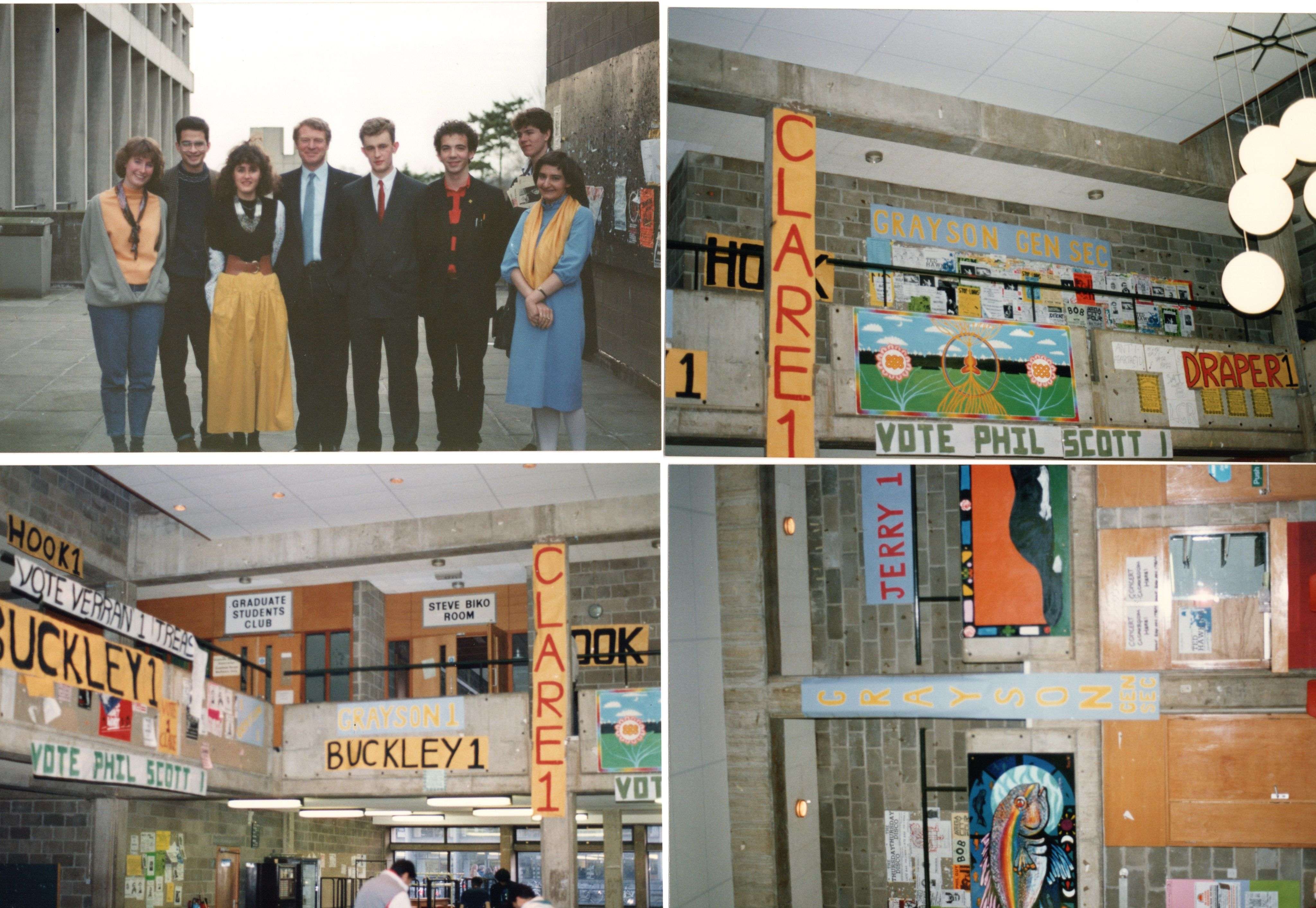 A collection of images of student politics and Paddy Ashdown visiting from the late 80s, early 90s.