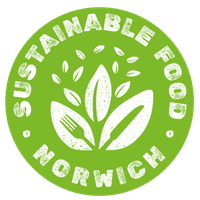 A green circular logo for Sustainable Food Norwich with a plant graphic with a knife and fork.