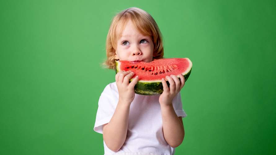 Small child eating large watermelon slice