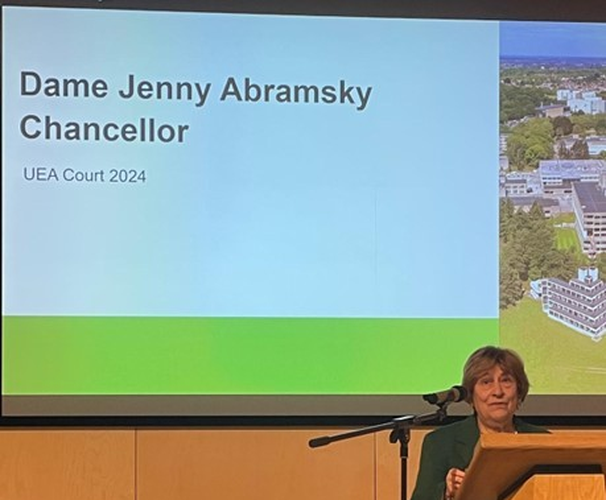 Dame Jenny Abramsky speaking at UEA Court. She is the Chair of UEA's new fundraising campaign, 'Dare to Do Different’.