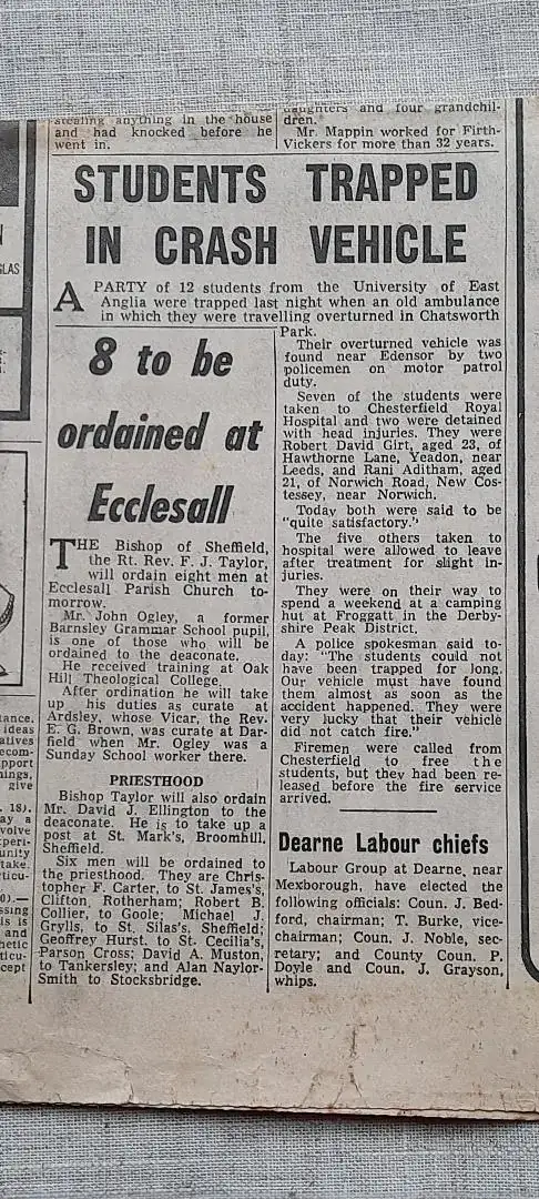 A newspaper clipping describing Dave Girt's ambulance crash.