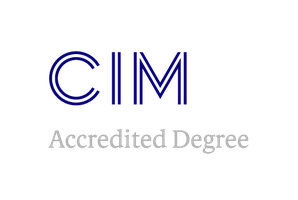 CIM Accredited Degree logo with "CIM" in bold blue letters and "Accredited Degree" in smaller gray text below.