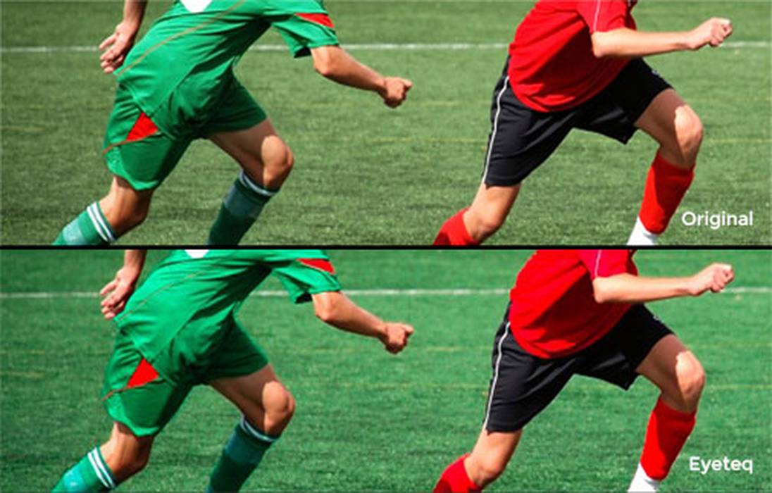 Image showing original picture of footballers versus how it looks with Eyeteq applied
