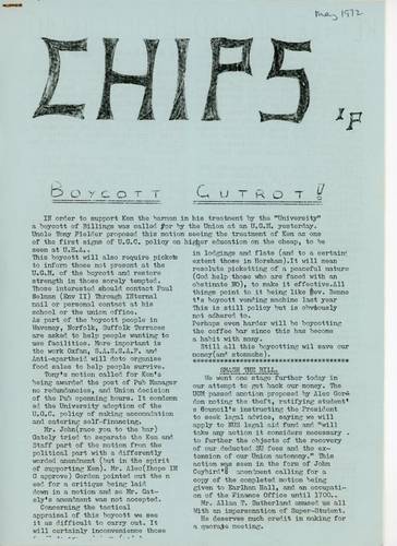 A newsletter titled "CHIPS" from May 1972, featuring an article on boycotting with hand-drawn text and illustrations.
