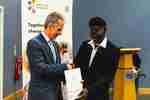 Scholar Alpha Boakye, receipient of The Global Voices Scholarship, with the VC
