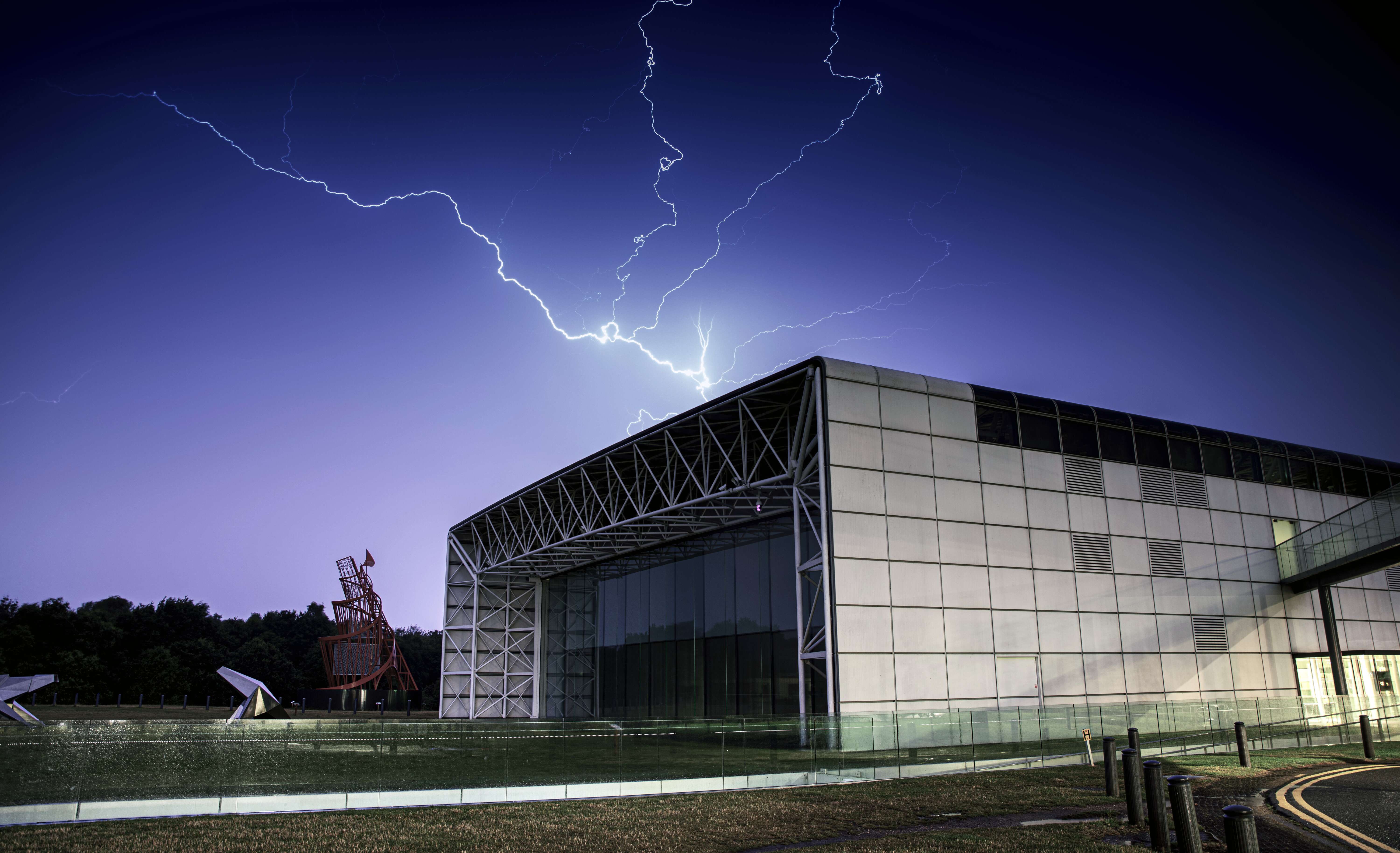 the Sainsbury Centre for Visual Arts looking majestic with the big lightning behind it.