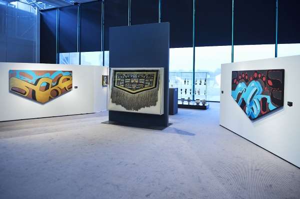 Sonny Assu's display in the East End Gallery of the Sainsbury Centre. (Image courtesy of the Sainsbury Centre)