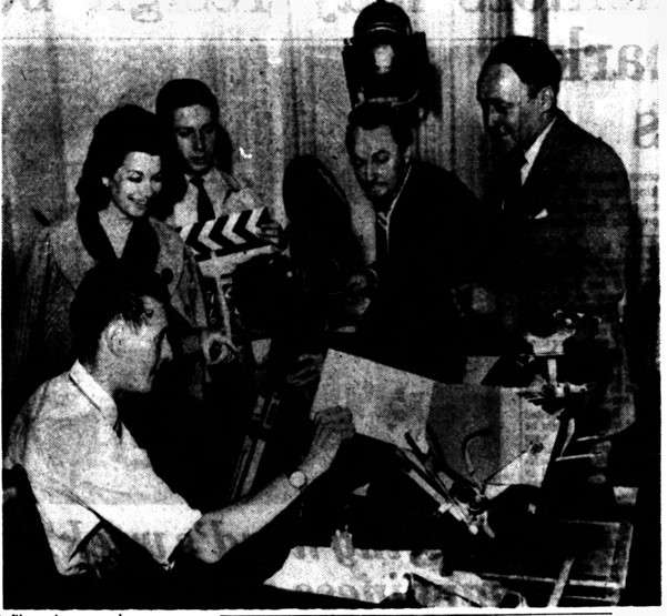 Margaret K Johns (top left) on set for a film for the National Spastics Society, now called Scope (Harrow Observer 1961, 4)