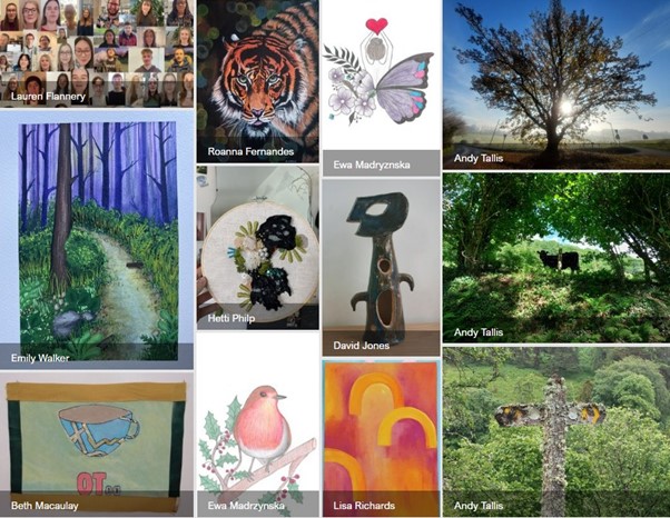 A collage of art produced during creativity and wellbeing week,  from photography to embroidery