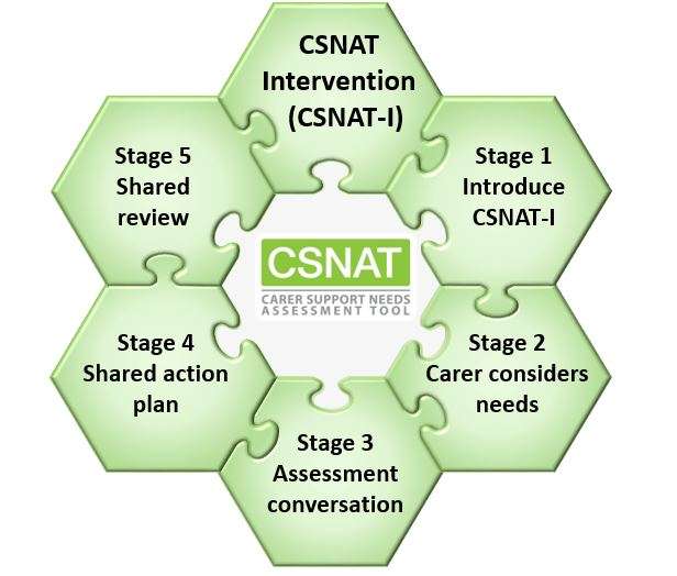 A diagram of the CSNAT Intervention model. Hexagonal puzzle pieces show the 5 stages: Introduce, Carer considers needs, Assessment, Action plan, Review.