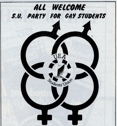 A poster for UEA's GaySoc. It says 'All Welcome. S.U. Party for Gay Students'
