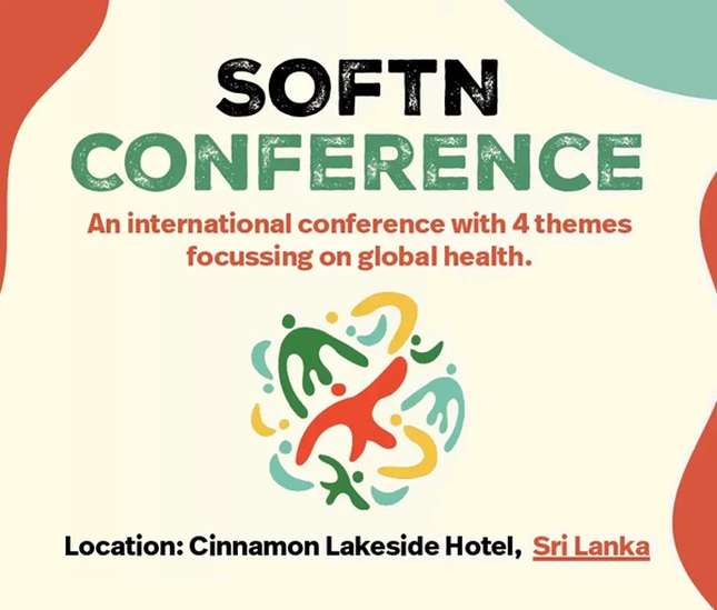 Poster for SOFTN Conference on global health with four themes. Location: Cinnamon Lakeside Hotel, Sri Lanka. Colorful abstract design.