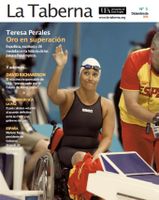 The cover of Issue 5 of the La Taberna magazine featuring a female swimmer in a wheelchair waving