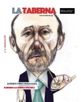 The cover of Issue 9 of the La Taberna magazine featuring a cartoon-style image of a bearded man with balding hair wearing a suit and with a pencil in his mouth