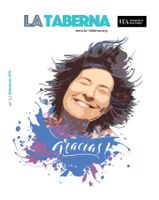 The cover of Issue 11 of the La Taberna magazine featuring an electronically altered image of a woman with her eyes closed and a joyful expression with the word "gracias" imposed at the bottom