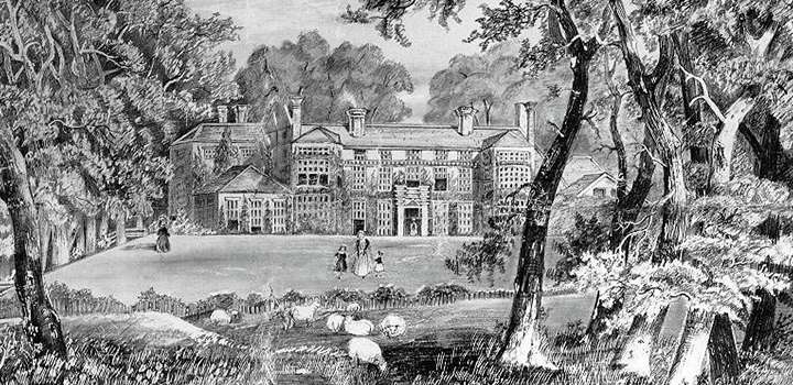 A black and white engraving of a house with sheep in front.