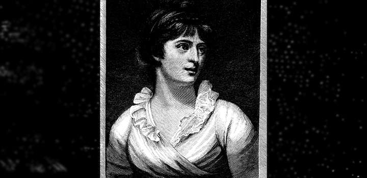 A black and white engraving of a woman.