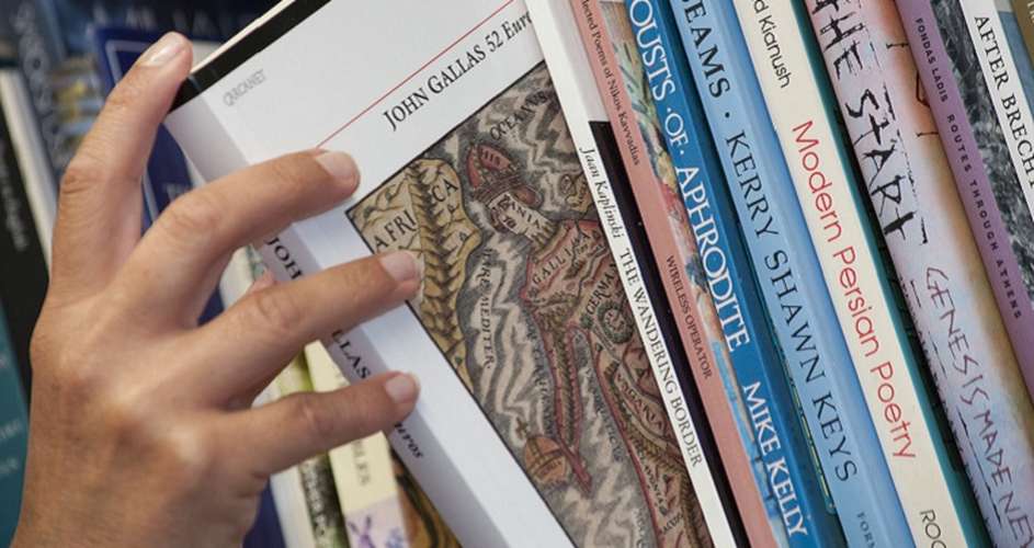 Translated European poetry book on a shelf