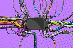 An illustration of a phone connected to lots of electrical wires on a purple background.