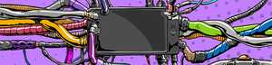 An illustration of a smartphone with lots of wires connected to it.