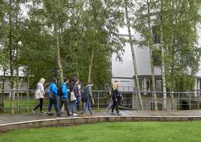students on campus tour