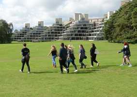 Students walking past ziggurats