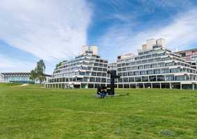 Image of students sat on grass near Ziggurats