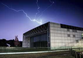 Lightning striking over the Sainsbury Centre