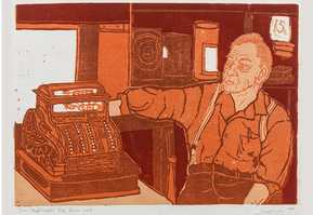 ‘Mr Lindstrom, The Shopkeeper’ South End, Gqeberha (formerly Port Elizabeth), linocut on paper, Norman Kaplan, 1967