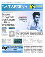 The cover of Issue 2 of the La Taberna magazine featuring a mixture of text and images in the format of a newspaper front page and the main image is of a younger man wearing a light-coloured shirt