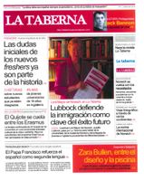The cover of Issue 1 of the La Taberna magazine featuring a mixture of text and images in the format of a newspaper front page and the main image is a half-body shot of a woman standing in front of some bookshelves holding copies of La Taberna