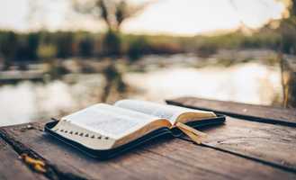 An open book with a ribbon bookmark lies on a wooden table near a serene lake, surrounded by blurred greenery and soft sunlight.