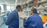 Dr KeeWee Tan, Dr Jeremy Clark and Omar Alattas in the Bob Champion Cancer Laboratory, home to the Prof Colin Cooper group.
