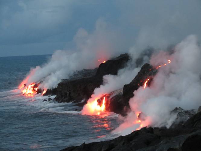 Lava falls flowing into the Pacific Ocean from Kilauea Volcano in Hawaii