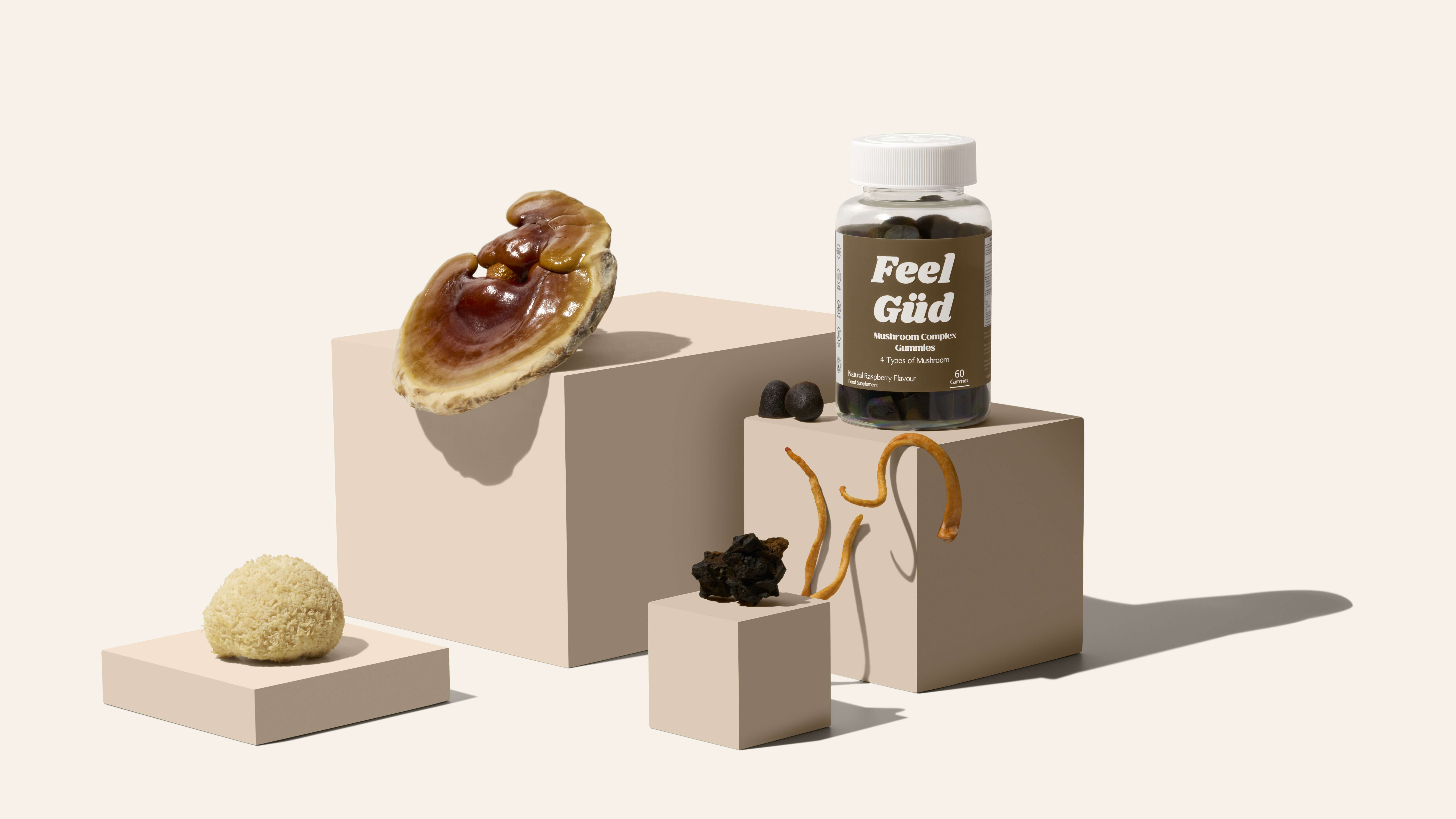 Supplement bottle labeled "Feel Güd" on beige blocks with various natural ingredients like mushrooms and herbs, set against a light background.