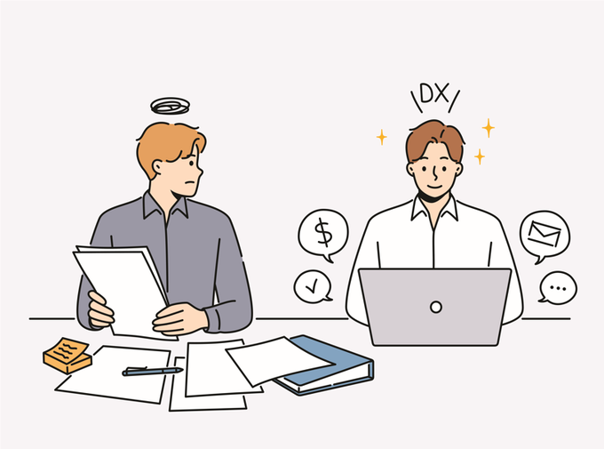 two men frustrated with computer and paperwork