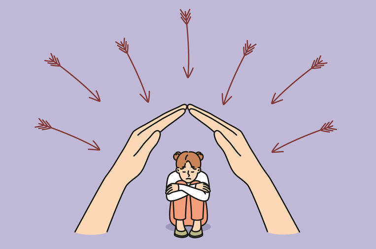 Child protected by large hands from arrows