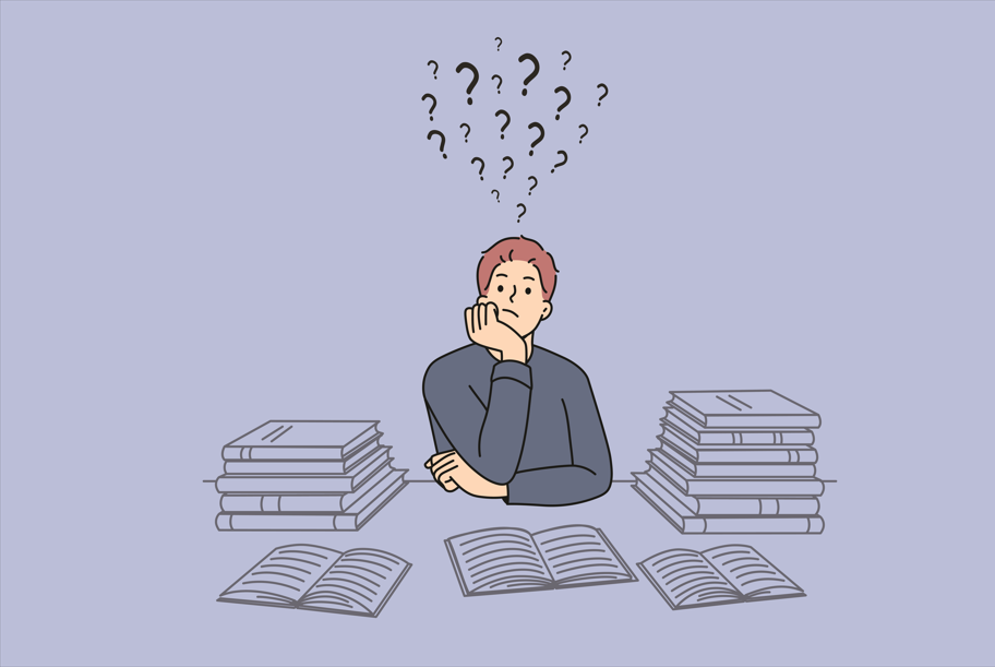 pensive man with question marks above his head