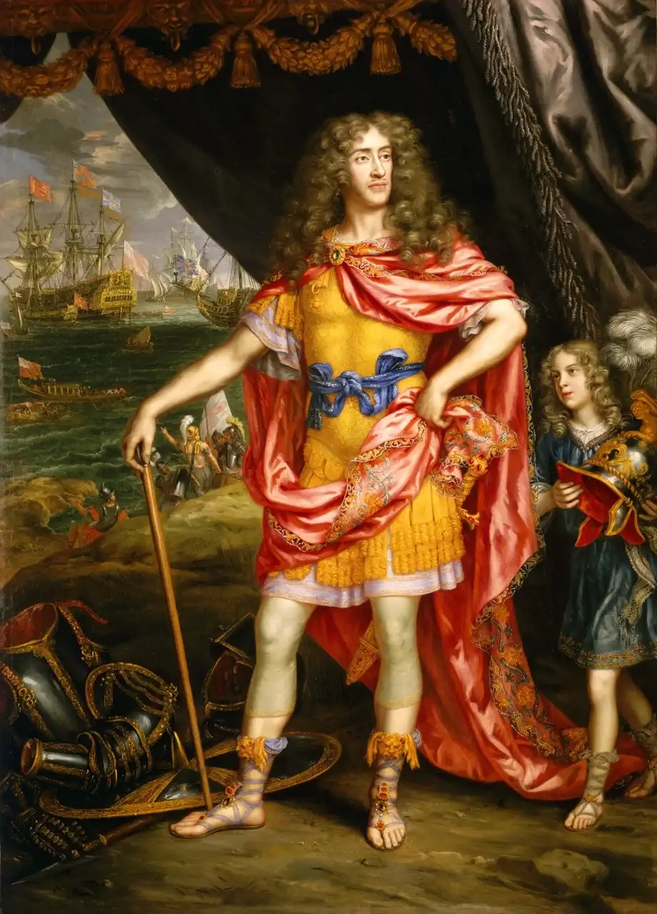 James, Duke of York, is standing while holding a cane, and next to him is a boy holding a hat.