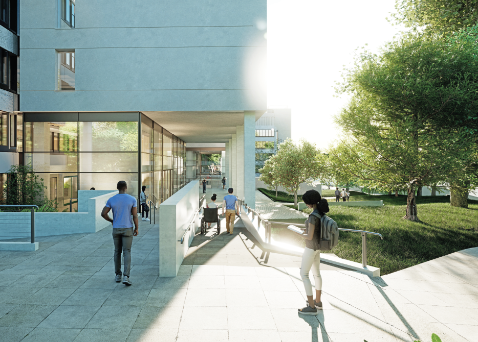 an artist impression of the refurbished Lasdun Wall with people going towards it
