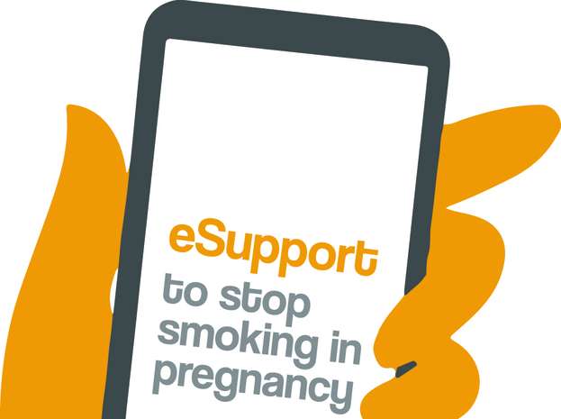Hand holding a phone which reads "esupport to stop smoking in pregnancy"