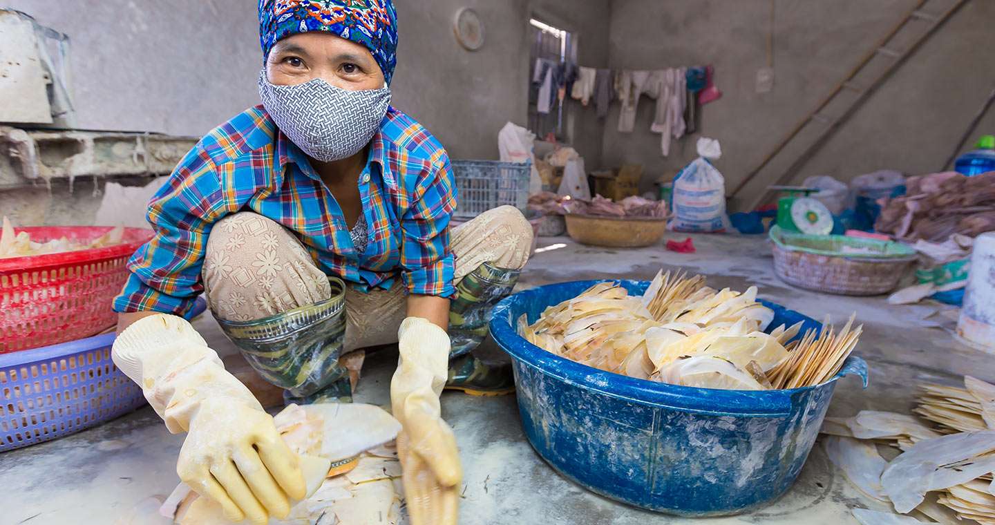 Woman in Vietnam sorting shells